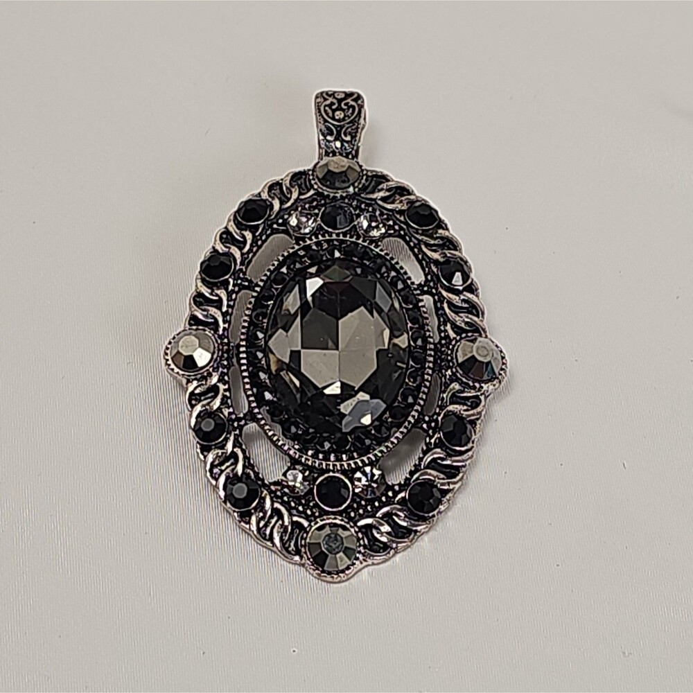 Vintage Black Rhinestone Pendant Enhancer Ornate Silver Tone Hinged Bail